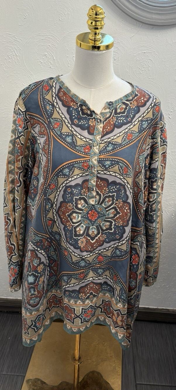 Johnny Was Spezia Silk Printed Tunic Size Medium Bohemian Resortwear Beach